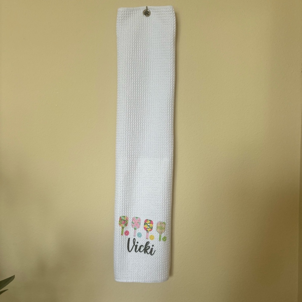 White Personalized Pickleball Towel ( Vicki, Victoria )